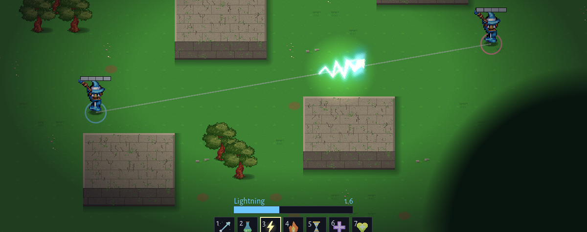 Two mages dueling across an arena with cover, a lightning bolt in flight between them